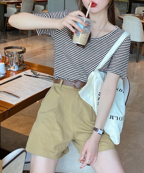 Miniministore(ミニミニストア)の「ボーダー柄Tシャツ Vネックカットソー夏(Tシャツ/カットソー・レディース・ベージュ/イエロー/ブラウン/チェリーピンク/ブラック/ピンクベージュ・FREE)」の12枚目の写真