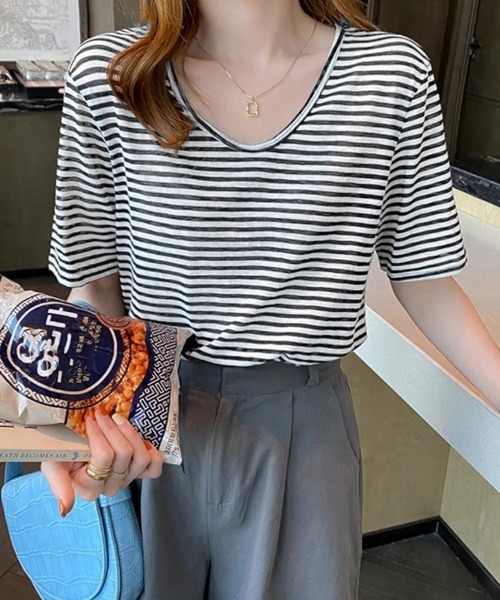 Miniministore(ミニミニストア)の「ボーダー柄Tシャツ Vネックカットソー夏(Tシャツ/カットソー・レディース・ベージュ/イエロー/ブラウン/チェリーピンク/ブラック/ピンクベージュ・FREE)」の13枚目の写真