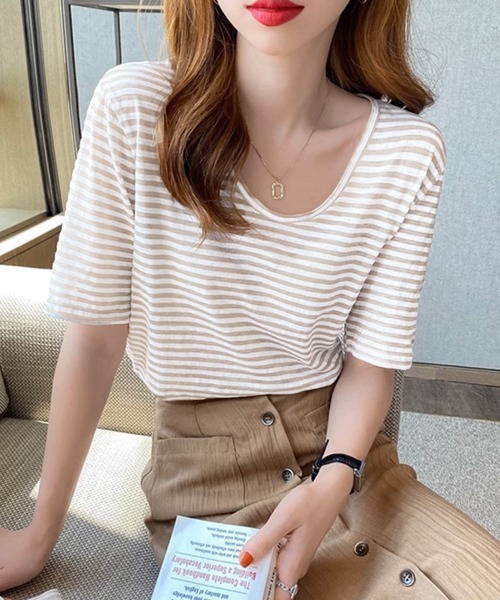 Miniministore(ミニミニストア)の「ボーダー柄Tシャツ Vネックカットソー夏(Tシャツ/カットソー・レディース・ベージュ/イエロー/ブラウン/チェリーピンク/ブラック/ピンクベージュ・FREE)」の14枚目の写真
