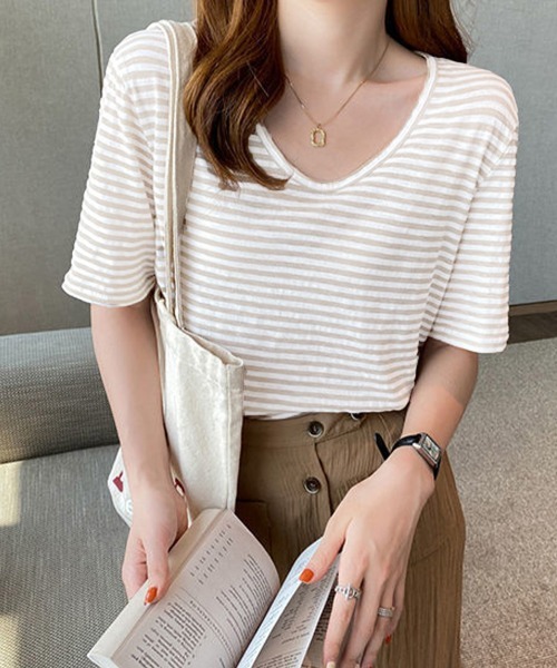 Miniministore(ミニミニストア)の「ボーダー柄Tシャツ Vネックカットソー夏(Tシャツ/カットソー・レディース・ベージュ/イエロー/ブラウン/チェリーピンク/ブラック/ピンクベージュ・FREE)」の15枚目の写真
