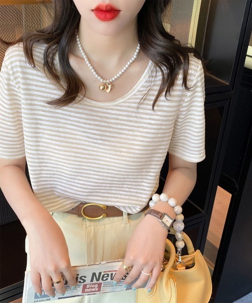 Miniministore(ミニミニストア)の「ボーダー柄Tシャツ Vネックカットソー夏(Tシャツ/カットソー・レディース・ベージュ/イエロー/ブラウン/チェリーピンク/ブラック/ピンクベージュ・FREE)」の16枚目の写真