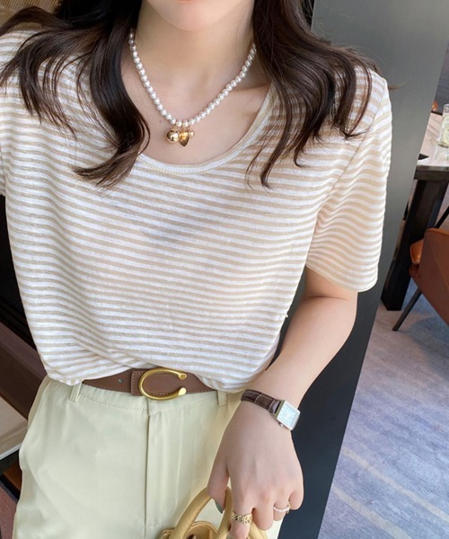 Miniministore(ミニミニストア)の「ボーダー柄Tシャツ Vネックカットソー夏(Tシャツ/カットソー・レディース・ベージュ/イエロー/ブラウン/チェリーピンク/ブラック/ピンクベージュ・FREE)」の17枚目の写真