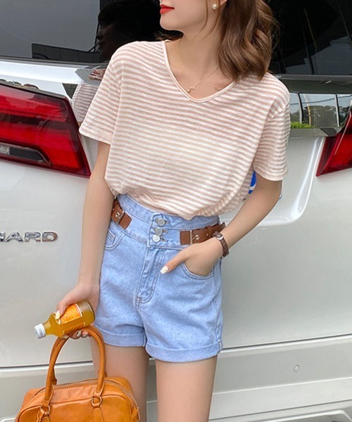 Miniministore(ミニミニストア)の「ボーダー柄Tシャツ Vネックカットソー夏(Tシャツ/カットソー・レディース・ベージュ/イエロー/ブラウン/チェリーピンク/ブラック/ピンクベージュ・FREE)」の19枚目の写真