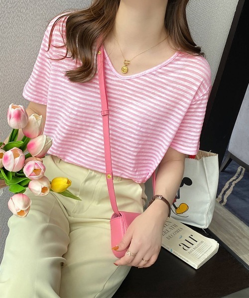 Miniministore(ミニミニストア)の「ボーダー柄Tシャツ Vネックカットソー夏(Tシャツ/カットソー・レディース・ベージュ/イエロー/ブラウン/チェリーピンク/ブラック/ピンクベージュ・FREE)」の20枚目の写真