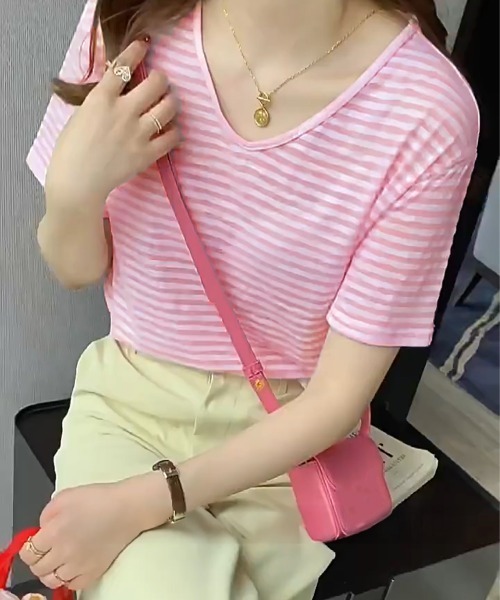 Miniministore(ミニミニストア)の「ボーダー柄Tシャツ Vネックカットソー夏(Tシャツ/カットソー・レディース・ベージュ/イエロー/ブラウン/チェリーピンク/ブラック/ピンクベージュ・FREE)」の21枚目の写真