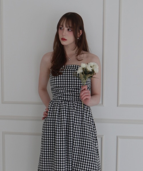 CeLess(セレス)の「Camisole Dress /オフショルダー ロングキャミワンピース ギンガムチェック ロング丈 オケージョン(ワンピース・レディース・ブラック/ブラック系その他・FREE)」の2枚目の写真
