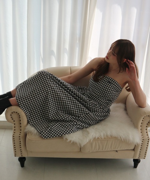 CeLess(セレス)の「Camisole Dress /オフショルダー ロングキャミワンピース ギンガムチェック ロング丈 オケージョン(ワンピース・レディース・ブラック/ブラック系その他・FREE)」の9枚目の写真