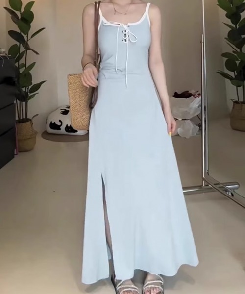 VIVID LADY(ビビッドレディー)の「レースアップ フレアキャミワンピース(ワンピース・レディース・ストライプ/ピンク/ブラック/ライトブルー・FREE)」の3枚目の写真