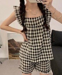 おしゃれスタ（オシャレスタ）の「【MKTM select】ギンガムチェックフリルセットアップルームウェア（4色展開）（ルームウェア/パジャマ）」