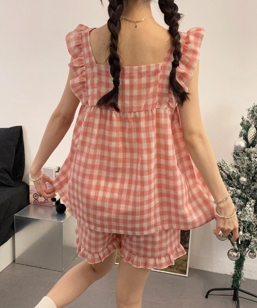 おしゃれスタ（オシャレスタ）の「ギンガムチェックフリルセットアップルームウェア（4色展開）（ルームウェア/パジャマ・レディース・ブルー/イエロー/ピンク/ブラック・M/L/XL/XXL）」の19枚目の写真