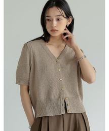 [二の腕カバー]パフスリーブ金ボタンループヤーン半袖カーディガン