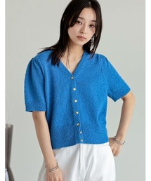 Re:EDIT（リエディ）の「[二の腕カバー]パフスリーブ金ボタンループヤーン半袖カーディガン（Tシャツ/カットソー）」