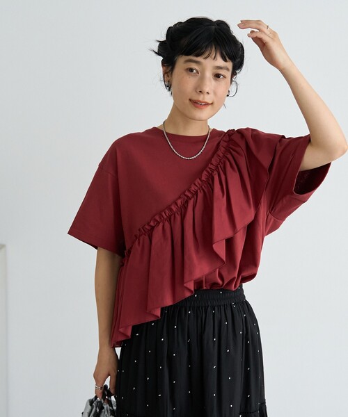 FREAK'S STORE(フリークスストア)の「アシンメトリー フリルドッキングTシャツ(Tシャツ/カットソー・レディース・ブラック/レッド/オフホワイト・フリ-)」の8枚目の写真