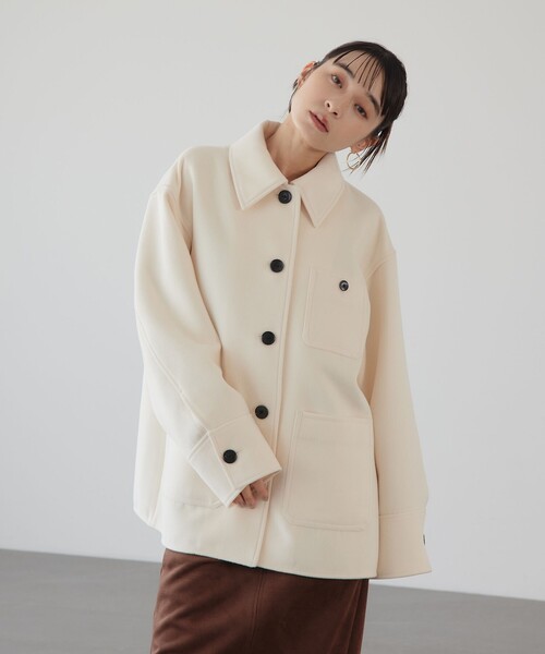 EMMEL REFINES（エメルリファインズ）の「＜EMMEL REFINES＞EM CPO シャツ ジャケット（ステンカラーコート・レディース・ライトブルー/オフホワイト・FREE）」の2枚目の写真