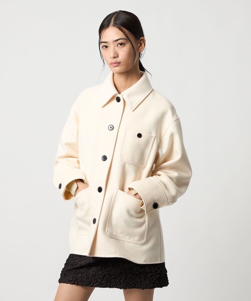 EMMEL REFINES（エメルリファインズ）の「＜EMMEL REFINES＞EM CPO シャツ ジャケット（ステンカラーコート・レディース・ライトブルー/オフホワイト・FREE）」の3枚目の写真