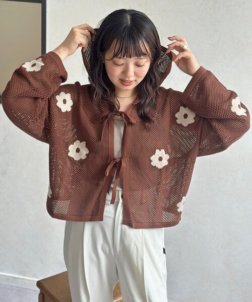 ニット セーター メッシュ花柄ジャガードパーカー レディース セール】メッシュ花柄ジャガードパーカー（ニット/セーター