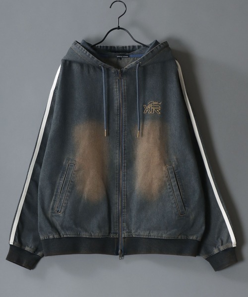 セール】Side Line Denim Hoodie/サイドライン ワンポイント刺繍