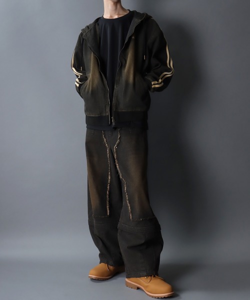 セール】Side Line Denim Hoodie/サイドライン ワンポイント刺繍