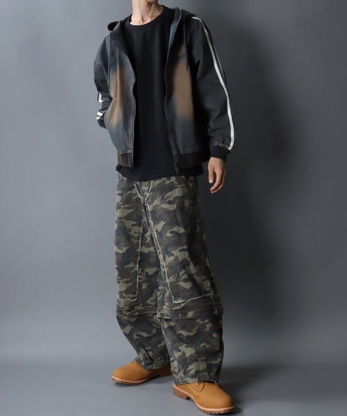 Side Line Denim Hoodie/サイドライン ワンポイント刺繍 ショート丈