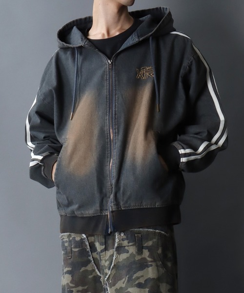 セール】Side Line Denim Hoodie/サイドライン ワンポイント刺繍