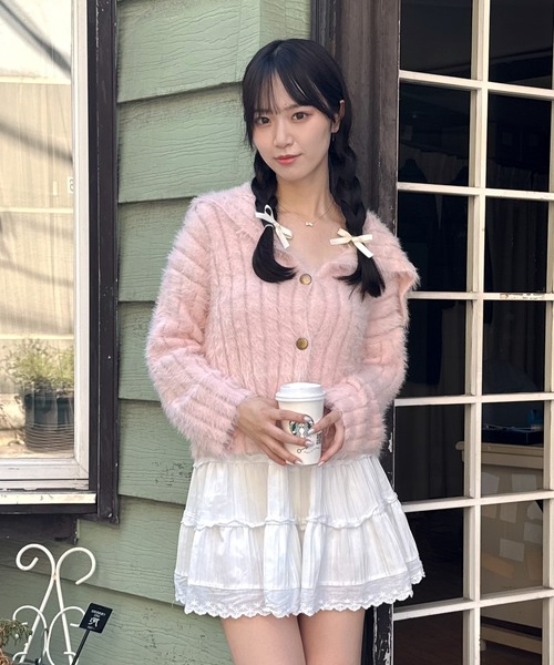 Mejoul(メジュール)の「ビッグカラーシャギーフェイクファー ニットカーディガン(カーディガン/ボレロ・レディース・アイボリー/ベージュ/ピンク/ブラウン/ホワイト・F)」の17枚目の写真