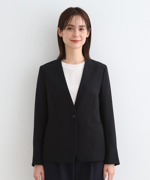 極美品 INDIVI ノーカラー セットアップ 洗える スーツ ストレッチ 極美品 洗える インディヴィ ウールライク ノーカラー スーツ
