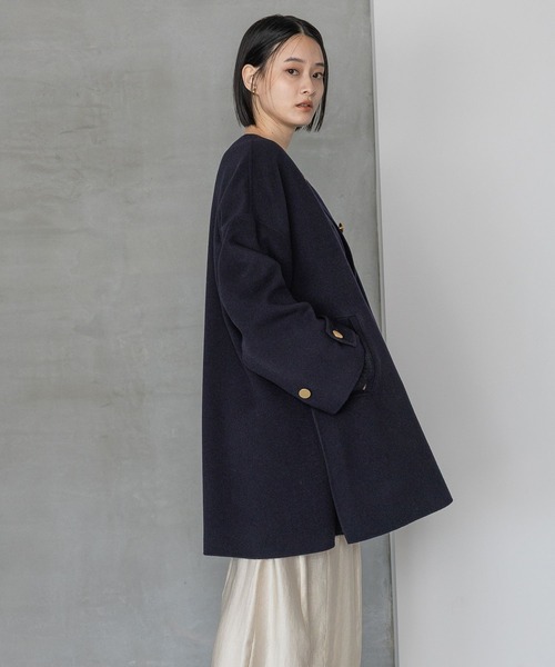 A part by(アパートバイ)の「カシープノーカラーコート(ノーカラーコート・レディース・ネイビー/ベージュ系その他/グレー/チェック・FREE)」の10枚目の写真