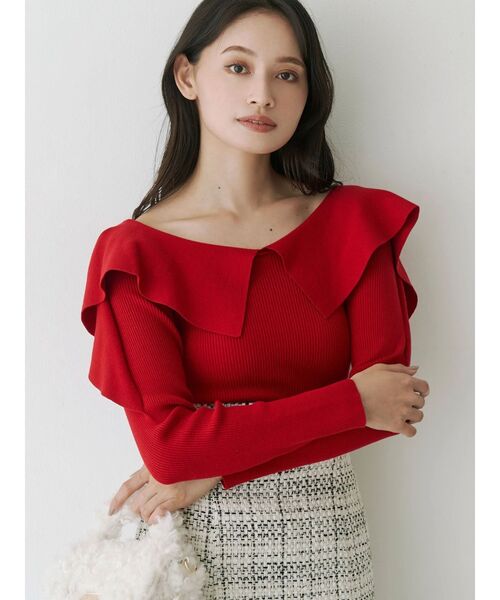 MERCURYDUO（マーキュリーデュオ）の「ペプラムラッフルコンパクトニット（ニット/セーター・レディース・ラベンダー/レッド/オフホワイト/ブラック/ベビーピンク/ミント・FREE）」の6枚目の写真