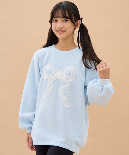 セール】レースアップリケゆるシルエット裏起毛トレーナー（スウェット