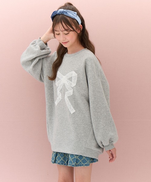 セール】レースアップリケゆるシルエット裏起毛トレーナー（スウェット