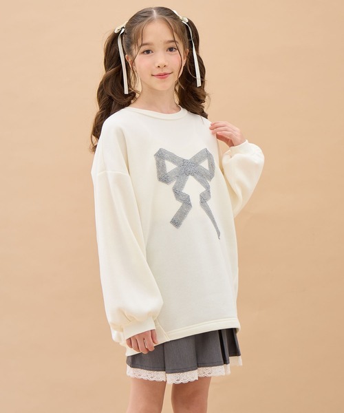 セール】レースアップリケゆるシルエット裏起毛トレーナー（スウェット