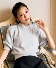 ラメフェザー5分袖ビジュー付きプルオーバー