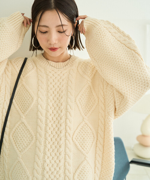 セール】限定展開 ビックシルエット ケーブルニット プルオーバー