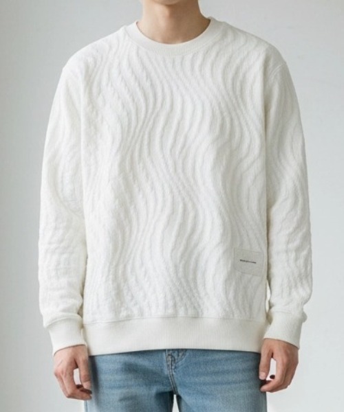 BENUSTA(ベヌスタ)の「A'GEM/9 × .kom 『BENUSTA /ベヌスタ』WAVE JACQUARD CREWNECK SWEAT/ウェーブジャカード クルーネックスウェット(ニット/セーター・メンズ・アイボリー/ブラック・L/XL)」の3枚目の写真