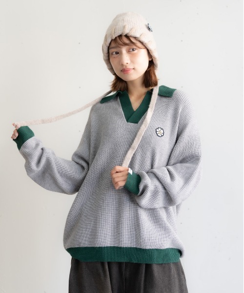 bbO】フラワーアイコンバイカラーポロニット（ニット/セーター