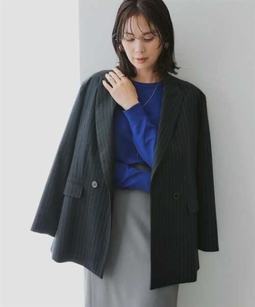 7days Life Styling（セブンデイズライフスタイリング）の「ストライプ柄ウール調ジャコット（オーバーシルエット）<大きいサイズ有>（テーラードジャケット・レディース・チャコールグレー/ネイビー・S/M/L/LL/3L）」の2枚目の写真