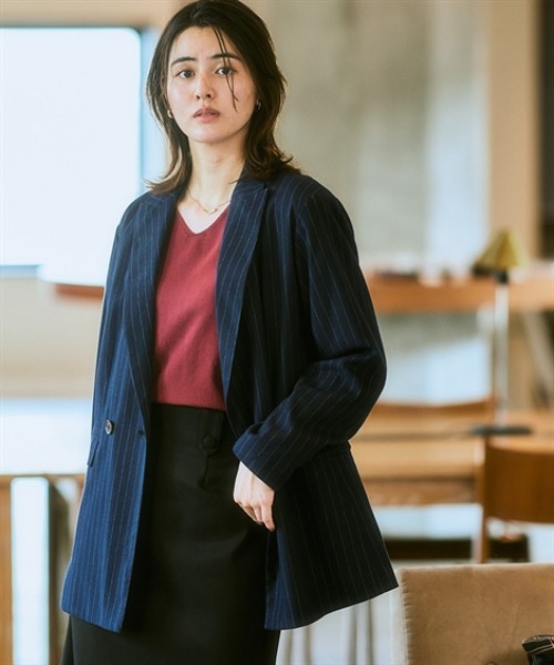 7days Life Styling（セブンデイズライフスタイリング）の「ストライプ柄ウール調ジャコット（オーバーシルエット）<大きいサイズ有>（テーラードジャケット・レディース・チャコールグレー/ネイビー・S/M/L/LL/3L）」の13枚目の写真