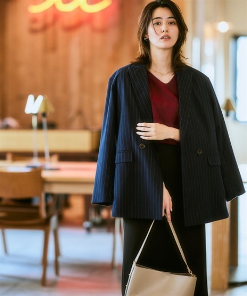 7days Life Styling（セブンデイズライフスタイリング）の「ストライプ柄ウール調ジャコット（オーバーシルエット）<大きいサイズ有>（テーラードジャケット・レディース・チャコールグレー/ネイビー・S/M/L/LL/3L）」の15枚目の写真