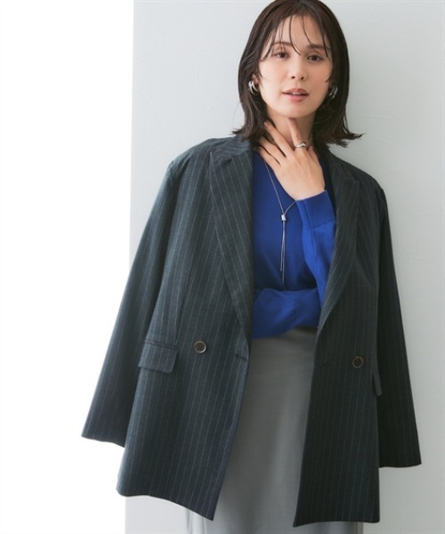 7days Life Styling（セブンデイズライフスタイリング）の「ストライプ柄ウール調ジャコット（オーバーシルエット）<大きいサイズ有>（テーラードジャケット・レディース・チャコールグレー/ネイビー・S/M/L/LL/3L）」の3枚目の写真