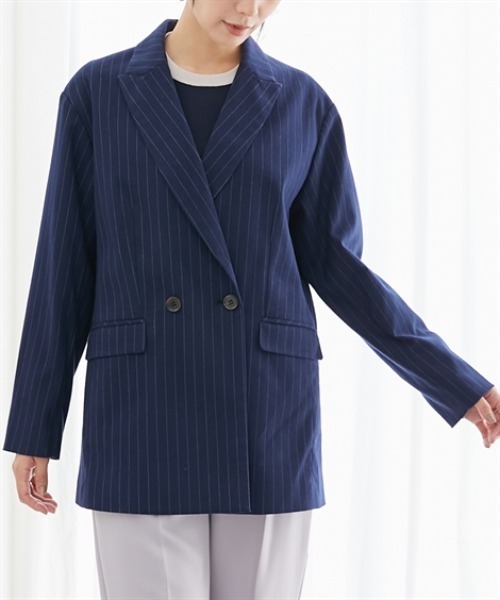 7days Life Styling（セブンデイズライフスタイリング）の「ストライプ柄ウール調ジャコット（オーバーシルエット）<大きいサイズ有>（テーラードジャケット・レディース・チャコールグレー/ネイビー・S/M/L/LL/3L）」の5枚目の写真