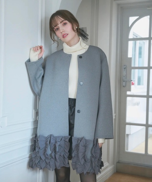 セール】裾フリル ボンディングコート/ロング丈（ノーカラーコート