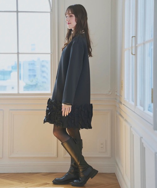 セール】裾フリル ボンディングコート/ロング丈（ノーカラーコート