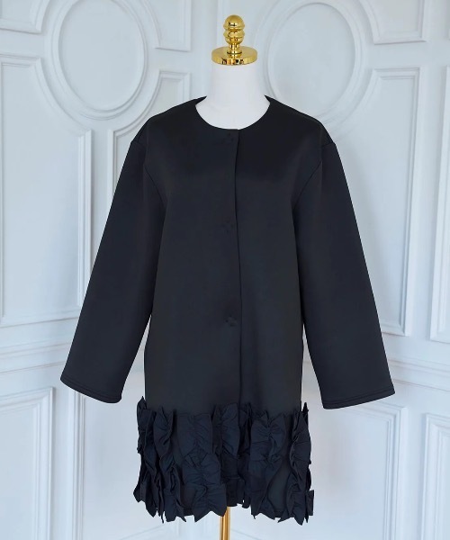 セール】裾フリル ボンディングコート/ロング丈（ノーカラーコート