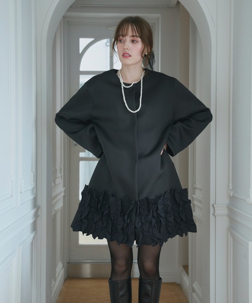 セール】裾フリル ボンディングコート/ロング丈（ノーカラーコート