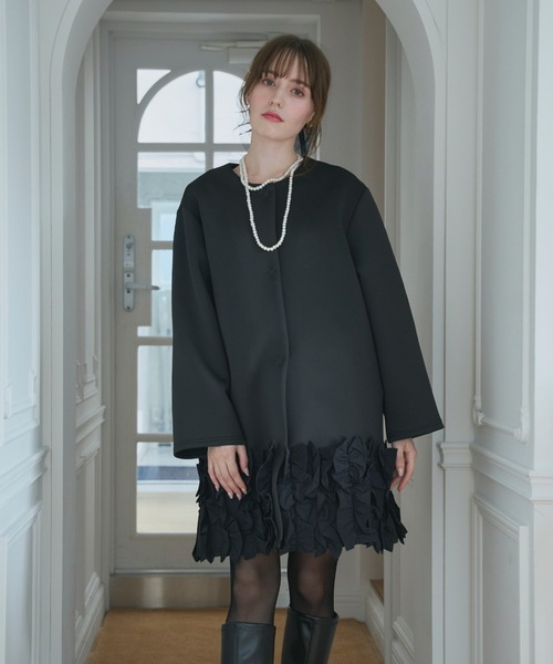 セール】裾フリル ボンディングコート/ロング丈（ノーカラーコート