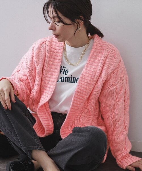 セール】ケーブルローゲージニットカーディガン【洗濯機OK