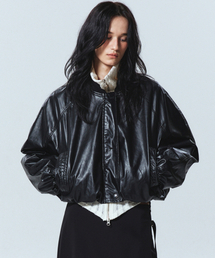 WRINKLE CROP VARSITY LEATHER JUMPER_BLACK