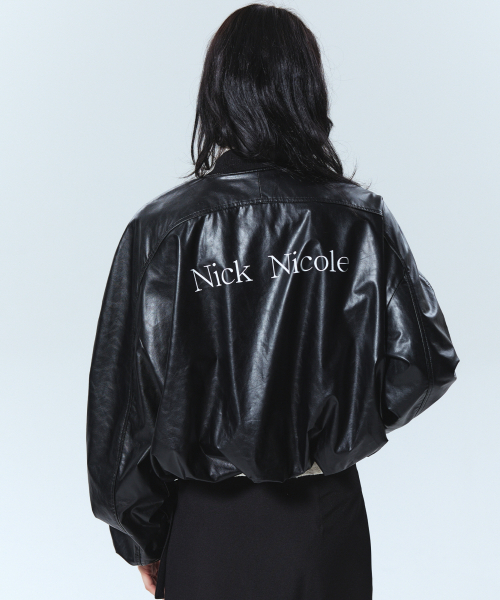 NICK&NICOLE(ニックアンドニコール)の「WRINKLE CROP VARSITY LEATHER JUMPER_BLACK(ライダースジャケット・レディース・その他・FREE)」の3枚目の写真