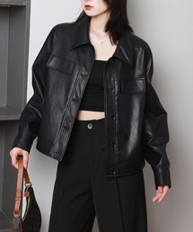 Aelina（エリナ）の「襟付きショートフェイクレザージャケット（ライダースジャケット）」