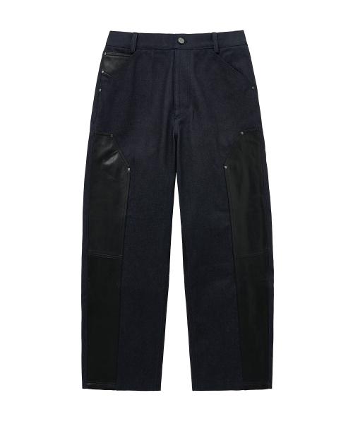LEATHER MIX DENIM PANTS (DARK NAVY)